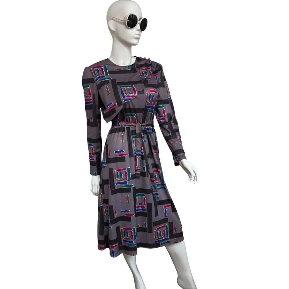 Vintage 1980s Geometric Rainbow Ruffle Neck Cinch Waist Belted Midi Dress